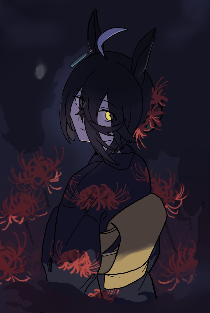 okimoto, manhattan cafe (umamusume), umamusume, commentary request, partial commentary, 1girl, ahoge, animal ears, black background, black kimono, closed mouth, ear ornament, earrings, electric fan, english text, engrish text, floral print, flower, hair between eyes, hair bun, hair flower, hair ornament, horse ears, horse girl, horse tail, japanese clothes, jewelry, kimono, light smile, long hair between eyes, long sleeves, looking back, multicolored hair, obi, official alternate costume, official alternate hairstyle, ranguage, red flower, sash, short hair, single earring, single hair bun, solo, spider lily, tail, white hair, yellow sash