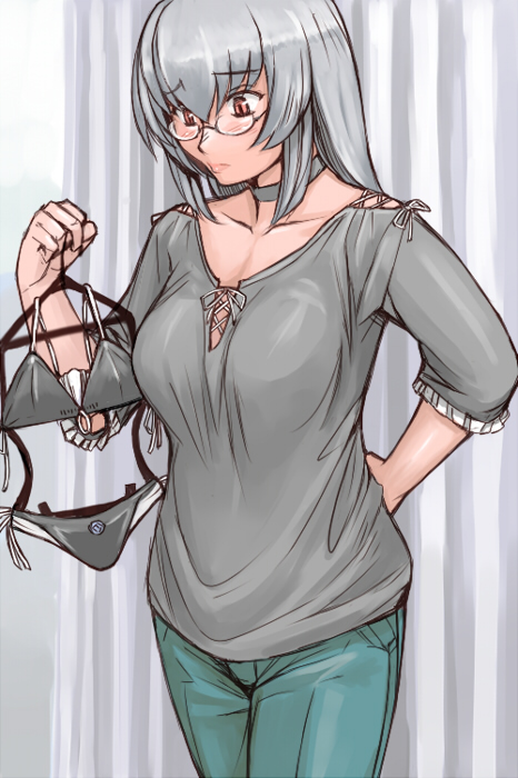 tsuda nanafushi, suigintou, rozen maiden, silver hair, 00s, 1girl, aged up, bikini, breasts, casual, collar, denim, female focus, glasses, jeans, large breasts, lingerie, panties, pants, red eyes, solo, swimsuit, underwear