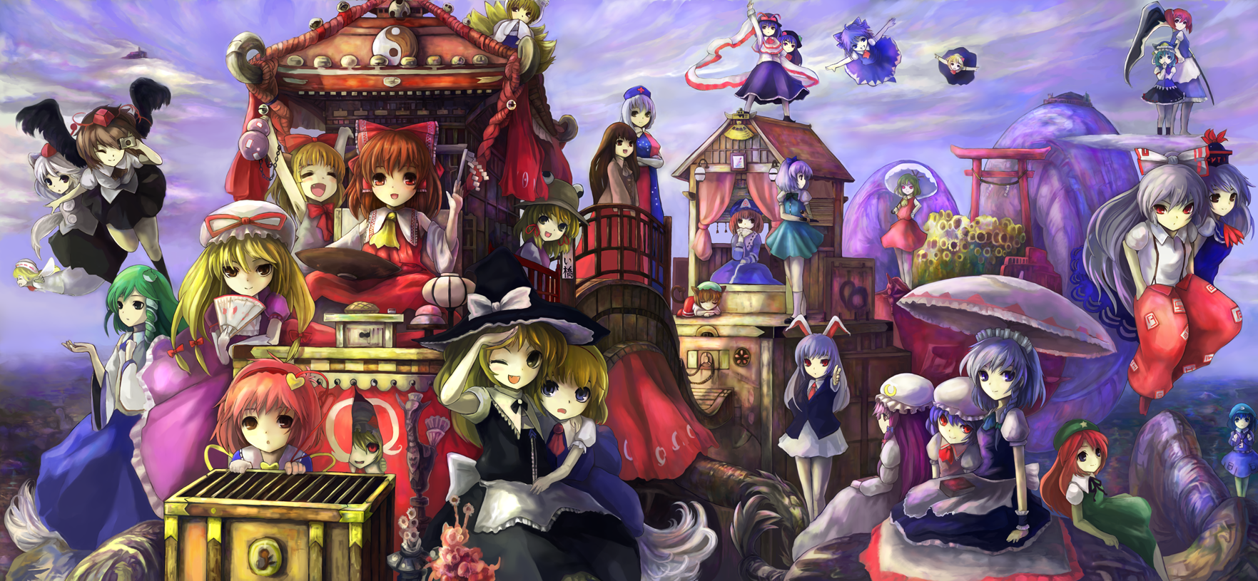 shoukou, alice margatroid, chen, cirno, flandre scarlet, fujiwara no mokou, hakurei reimu, hinanawi tenshi, hong meiling, houraisan kaguya, ibuki suika, inubashiri momiji, izayoi sakuya, kamishirasawa keine, kawashiro nitori, kazami yuuka, kirisame marisa, kochiya sanae, komeiji satori, konpaku youmu, lily white, moriya suwako, nagae iku, onozuka komachi, patchouli knowledge, reisen udongein inaba, remilia scarlet, rumia, saigyouji yuyuko, shameimaru aya, shiki eiki, yagokoro eirin, yakumo ran, yakumo yukari, touhou, silver hair, highres, 6+girls, animal ears, ascot, black hair, black wings, blonde hair, blue eyes, blue hair, box, braid, brown hair, camera, cat ears, cat tail, china dress, chinese clothes, detached sleeves, donation box, dress, flower, food, fox tail, fruit, gloves, green hair, hair ribbon, hairband, hand fan, hat, horns, japanese clothes, long hair, miko, multiple girls, multiple tails, necktie, parasol, peach, pink hair, purple eyes, purple hair, rabbit ears, red eyes, red hair, ribbon, scythe, short hair, skirt, skirt set, sunflower, suspenders, tail, tokin hat, twin braids, twintails, two side up, umbrella, vest, wings, witch, witch hat, wolf ears, wolf tail, yellow eyes