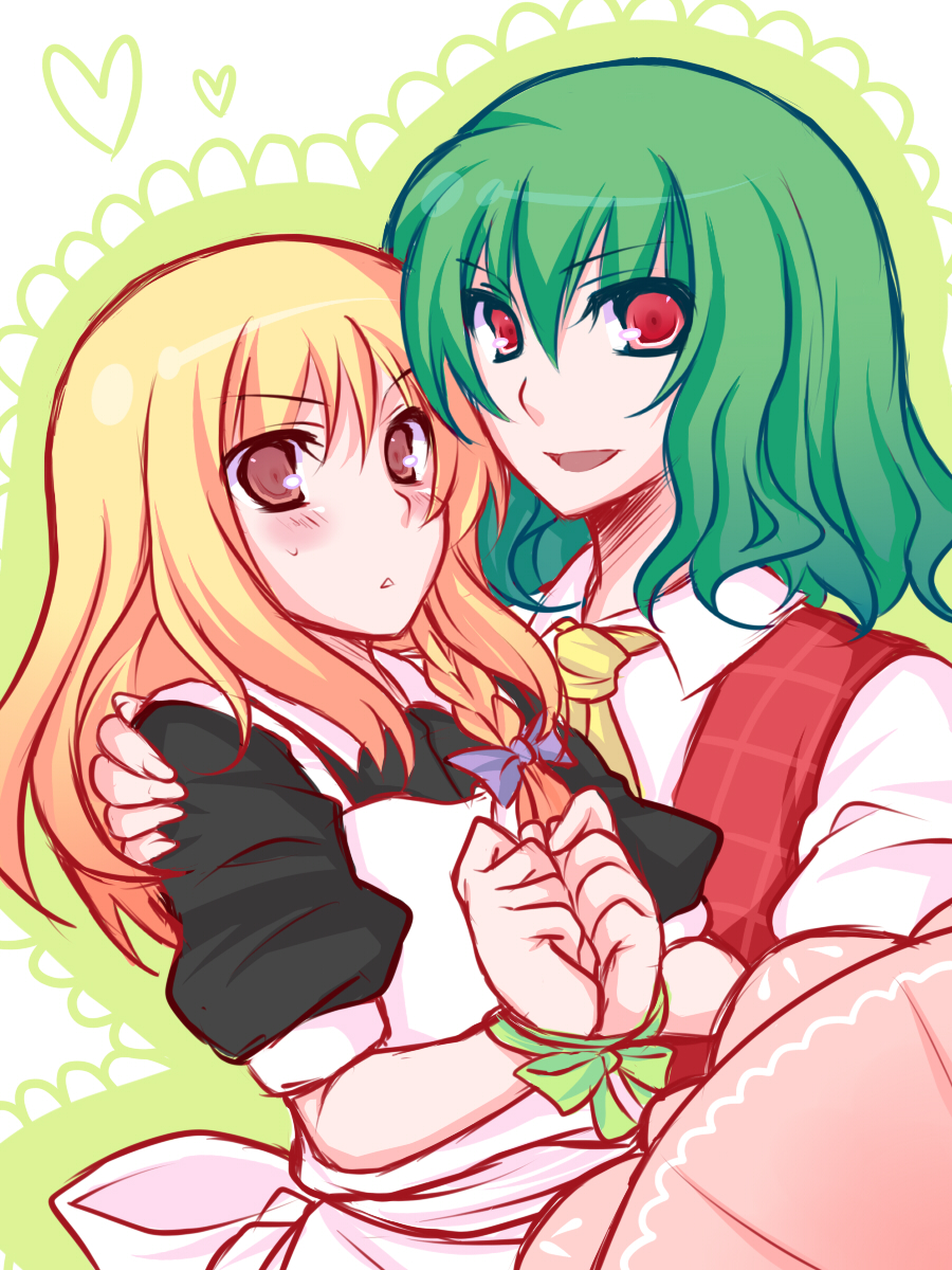 shino (mijinko), kazami yuuka, kirisame marisa, phantasmagoria of flower view, touhou, bad id, bad pixiv id, highres, 2girls, ascot, blonde hair, bound, braid, female focus, green hair, multiple girls, plaid clothes, plaid vest, red eyes, short hair, tied up (nonsexual), vest, yellow eyes