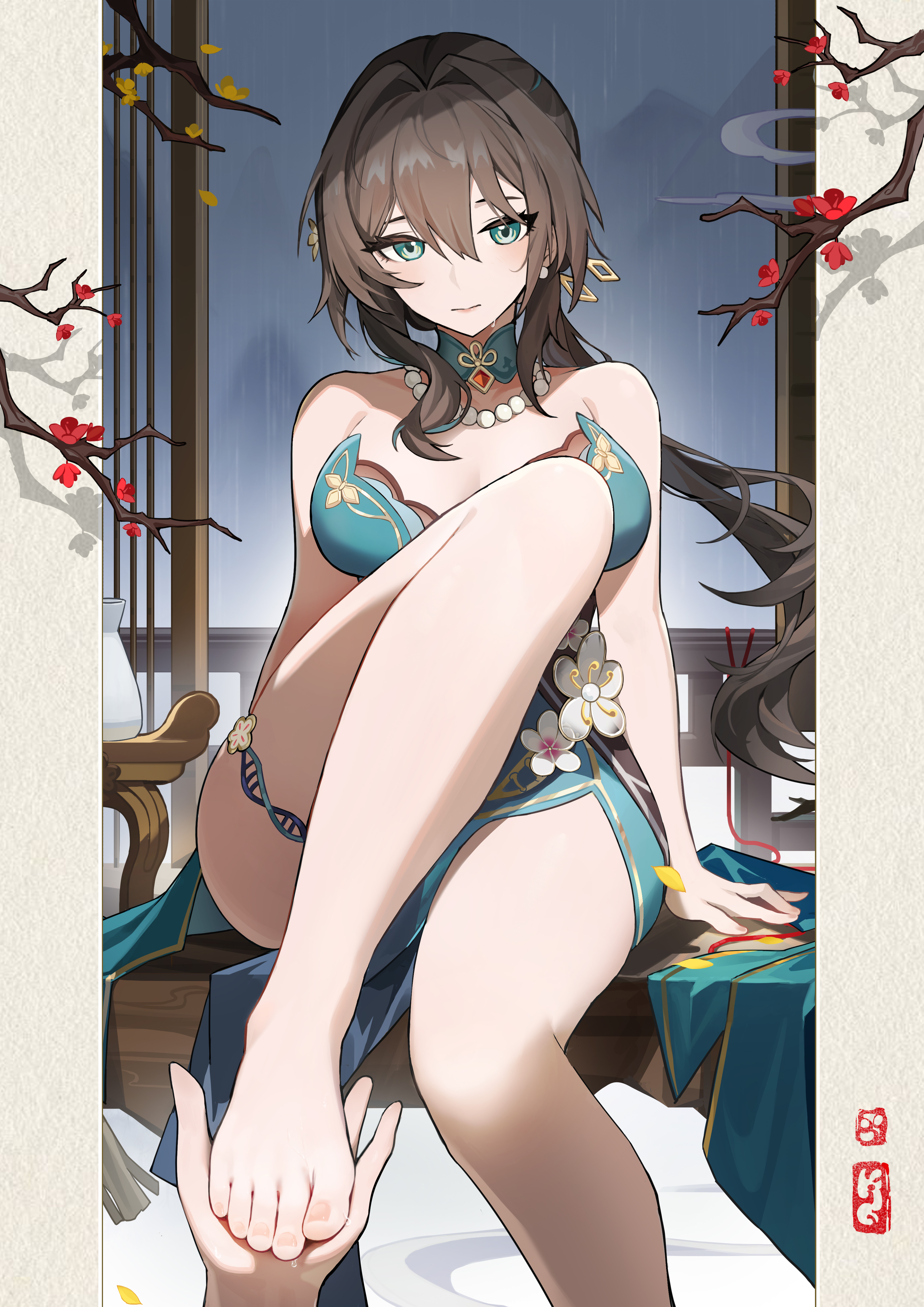 kongtoulaotou, ruan mei (honkai: star rail), honkai: star rail, honkai (series), absurdres, chinese commentary, commentary request, highres, 1girl, 1other, bare arms, bare legs, bare shoulders, barefoot, branch, breasts, brown hair, choker, dna, dress, earrings, feet, flower, green choker, green dress, green eyes, holding feet, jewelry, large breasts, legs, long hair, looking at viewer, necklace, pearl necklace, pelvic curtain, pov, pov hands, sitting, thigh strap, thighs, toes, very long hair, white flower