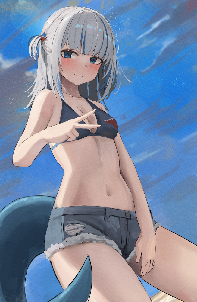 moji (m 0j 4), gawr gura, hololive, hololive english, 1girl, beach, bikini, bikini top only, blue eyes, blue hair, blue sky, blunt bangs, blush, breasts, cleavage, cloud, cowboy shot, denim, denim shorts, fins, fish tail, inward v, looking at viewer, medium hair, midriff, multicolored hair, navel, outdoors, shark tail, short shorts, shorts, sky, small breasts, solo, streaked hair, swimsuit, tail, two-tone hair, two side up, v, virtual youtuber, white hair