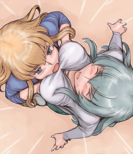 tsuda nanafushi, shinku, suigintou, rozen maiden, silver hair, 00s, 2girls, aged up, blonde hair, blue eyes, blush, breast envy, breasts, grabbing another's breast, groping, large breasts, multiple girls