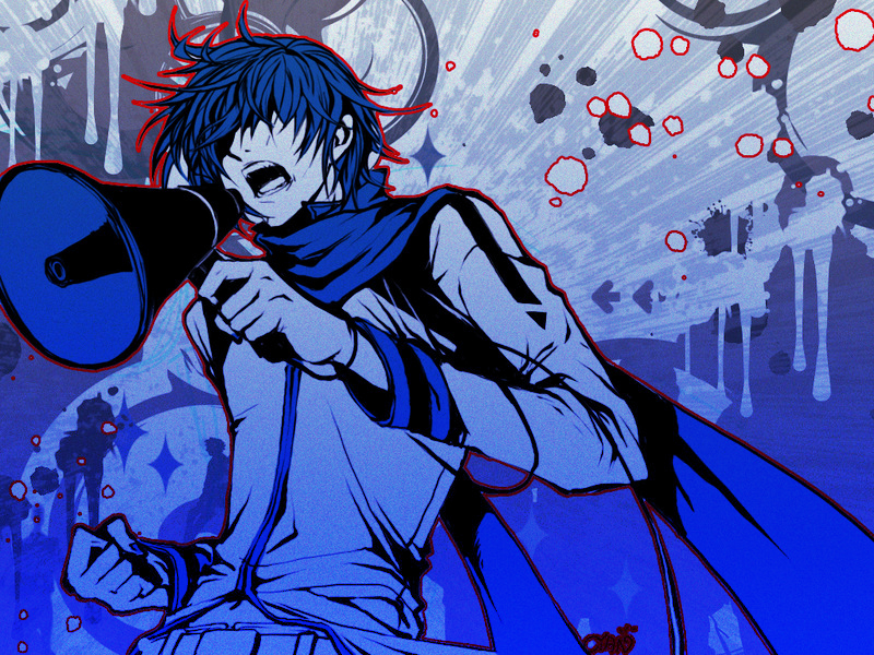 cyan, cyan (nerve), kaito (vocaloid), koi wa sensou (vocaloid), vocaloid, 1boy, blue hair, blue scarf, male focus, megaphone, no eyes, open mouth, scarf, short hair, solo