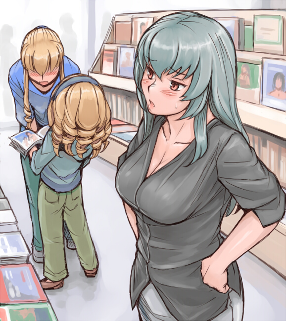 tsuda nanafushi, hinaichigo, shinku, suigintou, rozen maiden, silver hair, 00s, aged up, blonde hair, blush, breasts, casual, cleavage, large breasts, long hair, magazine (object), pants, red eyes, ringlets, shirt, short hair