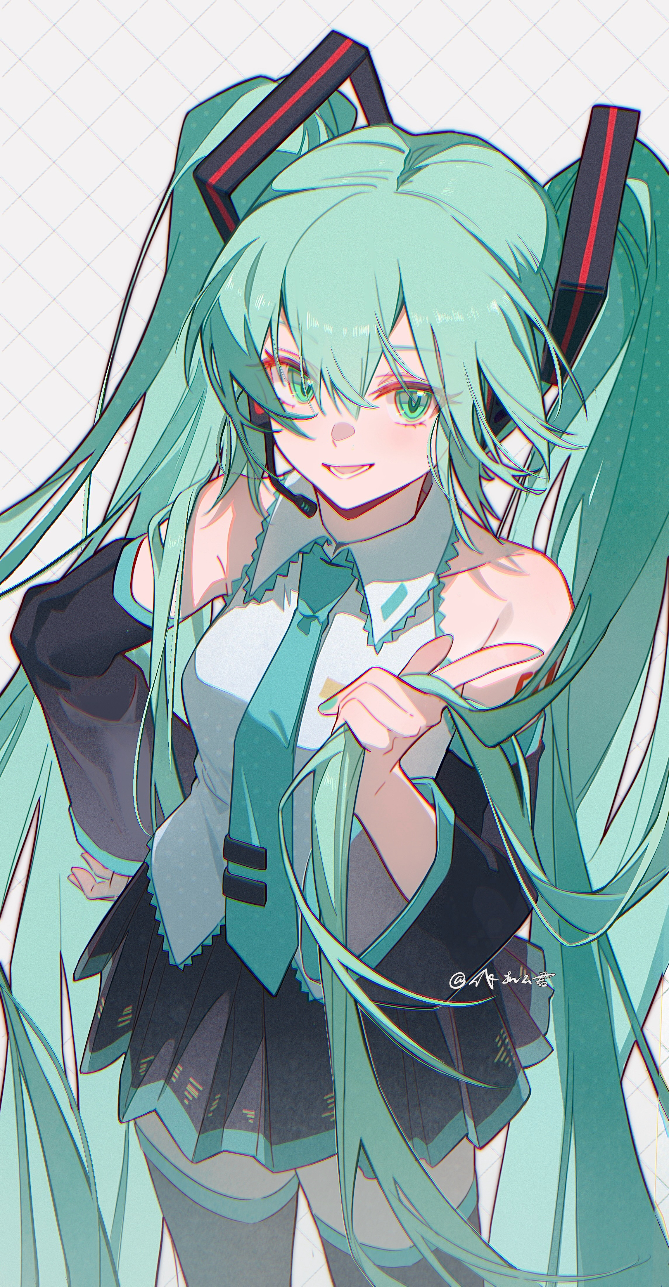cloudyman, hatsune miku, vocaloid, absurdres, commentary, highres, 1girl, aqua eyes, aqua hair, aqua nails, aqua necktie, aqua trim, arm tattoo, black skirt, breasts, collarbone, detached sleeves, hair between eyes, hair ornament, headset, long hair, long sleeves, looking at viewer, lower teeth only, medium breasts, miniskirt, necktie, number tattoo, open mouth, pleated skirt, shirt, skirt, sleeveless, sleeveless shirt, smile, tattoo, teeth, thighhighs, twintails, twitter username, very long hair, wide sleeves, zettai ryouiki