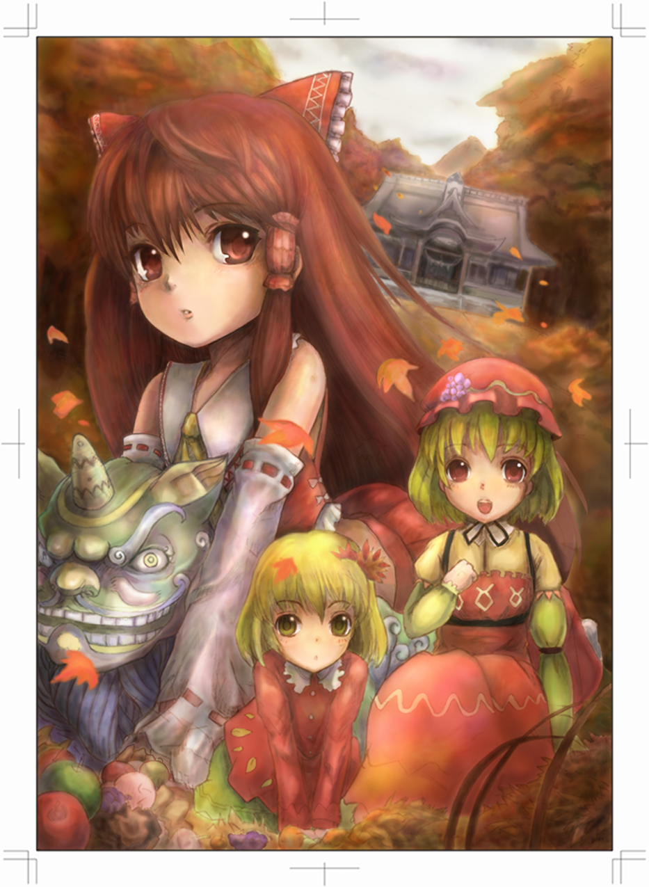 shoukou, aki minoriko, aki shizuha, hakurei reimu, touhou, highres, 3girls, autumn, blonde hair, bow, brown hair, detached sleeves, female focus, food, fruit, hair bow, hat, japanese clothes, leaf, miko, multiple girls, nature, outdoors, plant, red eyes, short hair, siblings, sisters, skirt, sky, yellow eyes