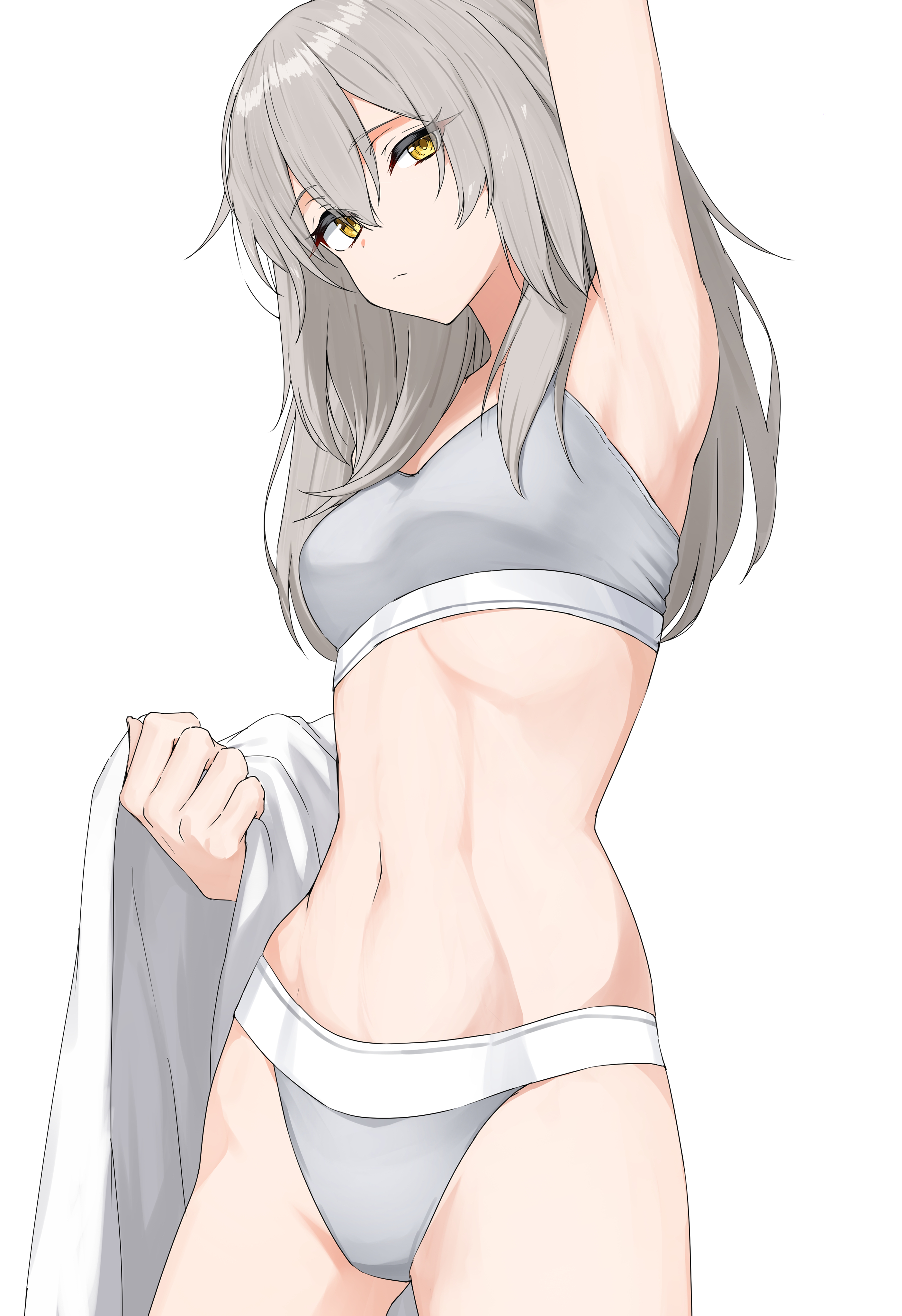 isocha, stelle (honkai: star rail), trailblazer (honkai: star rail), honkai: star rail, honkai (series), absurdres, commentary request, highres, 1girl, armpits, breasts, closed mouth, grey hair, grey panties, grey sports bra, holding, holding towel, long hair, looking at viewer, medium breasts, panties, presenting armpit, simple background, solo, sports bra, towel, underwear, white background, yellow eyes