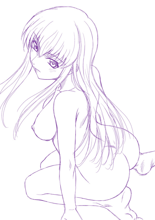 misnon the great, c.c., code geass, 00s, 1girl, ass, barefoot, breasts, completely nude, female focus, kneeling, large breasts, monochrome, nipples, nude, seiza, sitting, sketch, solo