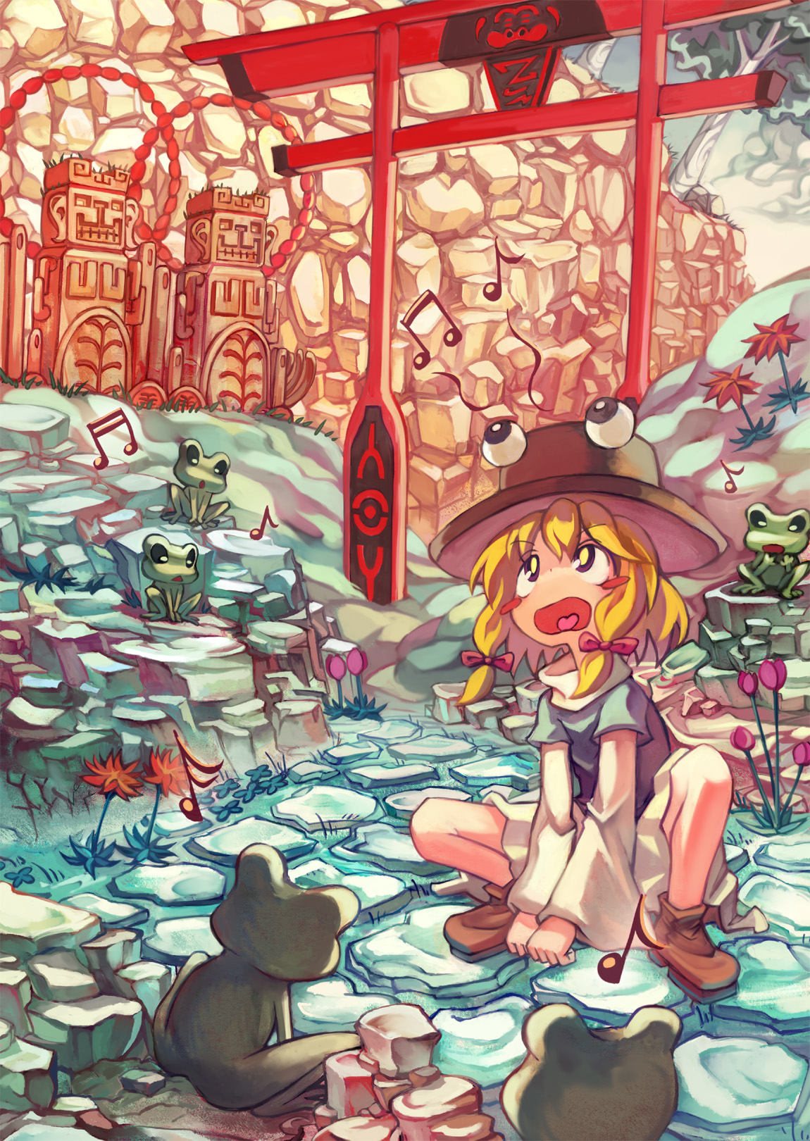 yume no rukimi, moriya suwako, touhou, bad id, bad pixiv id, highres, 1girl, blonde hair, female focus, flower, frog, hat, musical note, outdoors, purple eyes, short hair, solo, torii