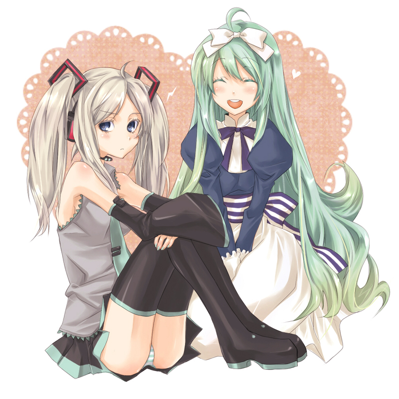 mikipa, belarus (hetalia), hatsune miku, axis powers hetalia, vocaloid, bad id, bad pixiv id, 2girls, ahoge, aqua hair, belarus (cosplay), belarus (hetalia) (cosplay), blonde hair, blue eyes, cosplay, costume switch, detached sleeves, dress, hair ribbon, hatsune miku (cosplay), headphones, headset, hugging own legs, long hair, multiple girls, ribbon, sitting, smile, thighhighs, twintails, very long hair