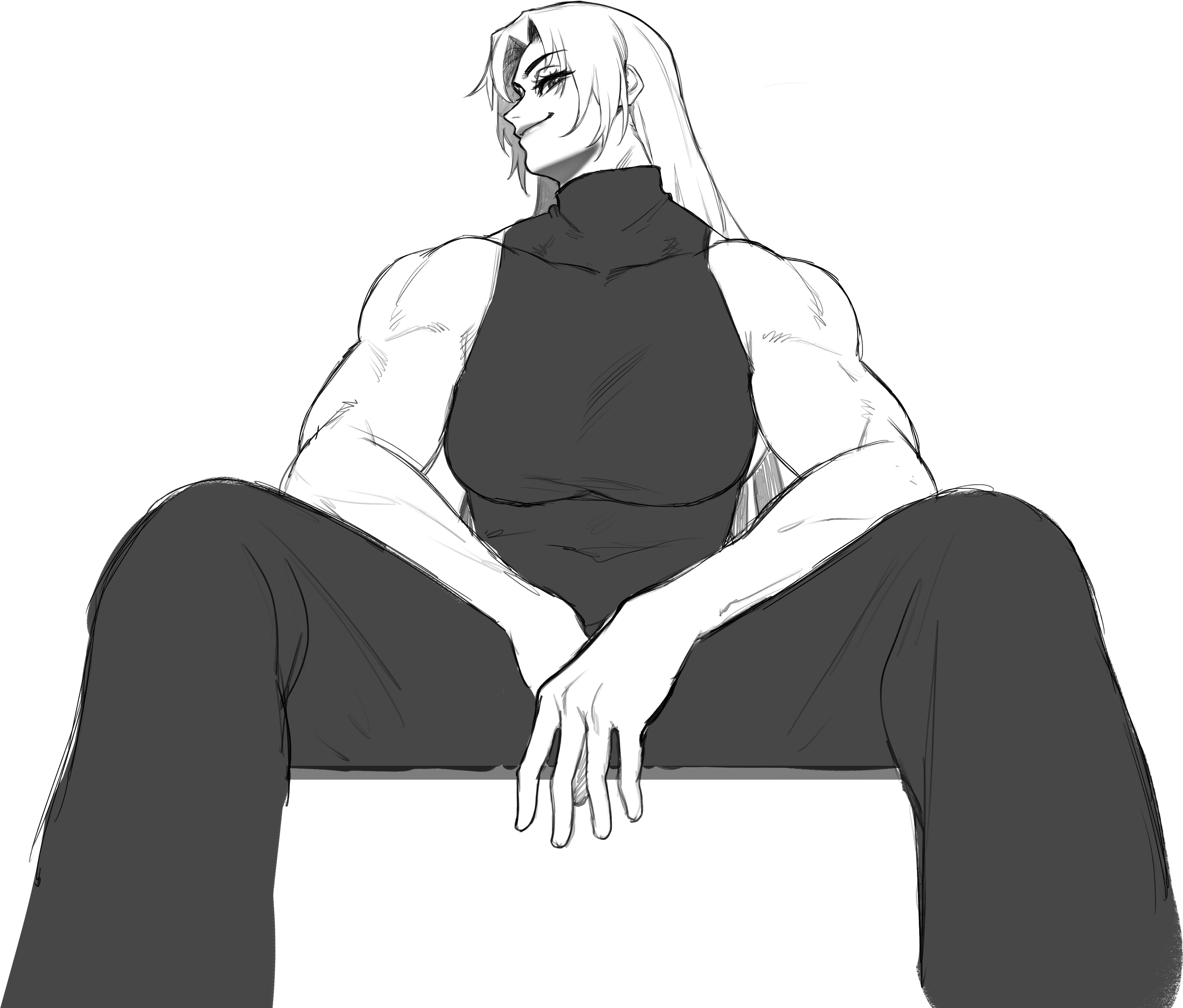 sotcho, tsukumo yuki (jujutsu kaisen), jujutsu kaisen, absurdres, highres, 1girl, biceps, black shirt, blonde hair, breasts, from below, greyscale, high-waist pants, long hair, looking at viewer, monochrome, muscular, muscular female, pants, shirt, simple background, sitting, sleeveless, sleeveless shirt, sleeveless turtleneck, smile, solo, spread legs, thick arms, thick eyelashes, triceps, turtleneck, very long hair, white background
