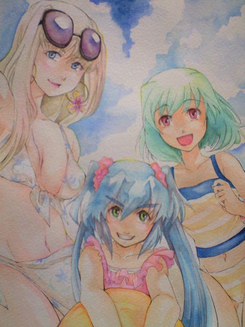 tokono (pixiv), klan klein, ranka lee, sheryl nome, macross, macross frontier, bad id, bad pixiv id, painting (medium), traditional media, watercolor (medium), 00s, 3girls, bikini, breasts, cleavage, earrings, jewelry, multiple girls, sarong, single earring, swimsuit, tankini