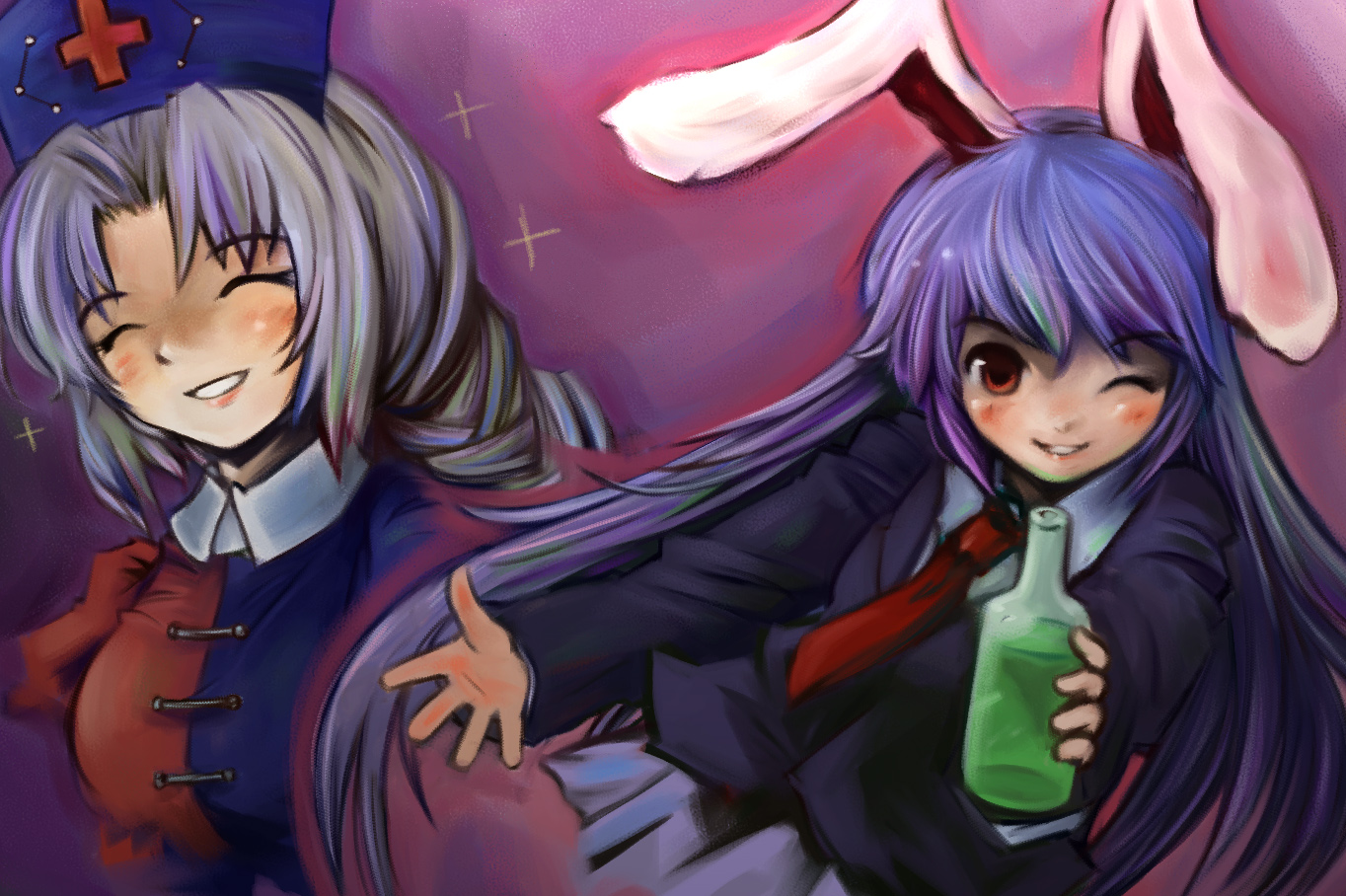 miraitsukai pyunji, pyunji, reisen udongein inaba, yagokoro eirin, touhou, silver hair, 2girls, animal ears, blazer, bottle, braid, female focus, hat, jacket, long hair, multiple girls, necktie, one eye closed, pleated skirt, purple hair, rabbit ears, red eyes, skirt, wink