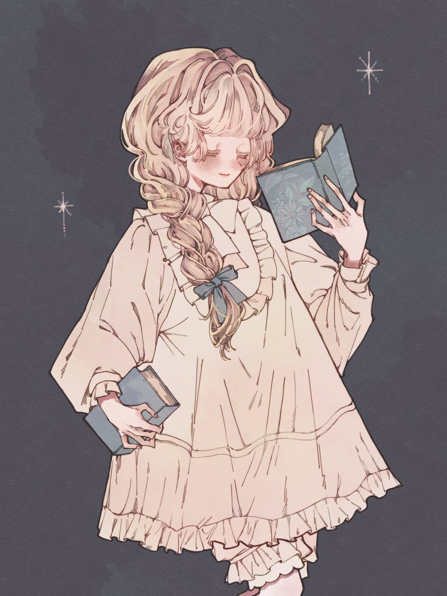 original, commentary, english commentary, highres, 1girl, blonde hair, bloomers, blue bow, blunt bangs, blush, book, bow, braid, closed eyes, closed mouth, cowboy shot, dress, eyelashes, frills, grey background, holding, holding book, long hair, long sleeves, open book, smile, solo, star (symbol), udo9, underwear, white bloomers, white dress