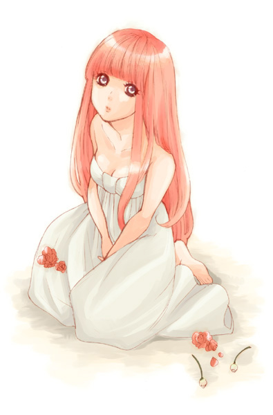 ak (pixiv57083), akuta (dassen), megurine luka, just be friends (vocaloid), vocaloid, 1girl, brown eyes, dress, female focus, flower, hime cut, long hair, petals, pink hair, sitting, solo, white dress