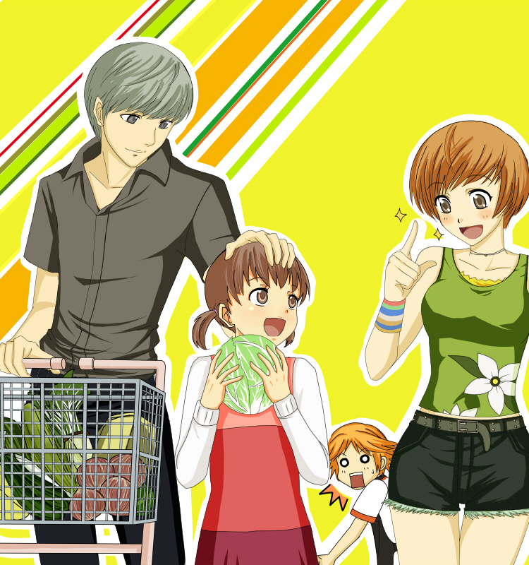 suta furachina, doujima nanako, hanamura yousuke, narukami yu, satonaka chie, atlus, persona, persona 4, 2boys, 2girls, brown eyes, brown hair, cabbage, food, grey hair, groceries, multiple boys, multiple girls, shopping, shopping cart, short hair, shorts, tank top, thigh gap, thighs