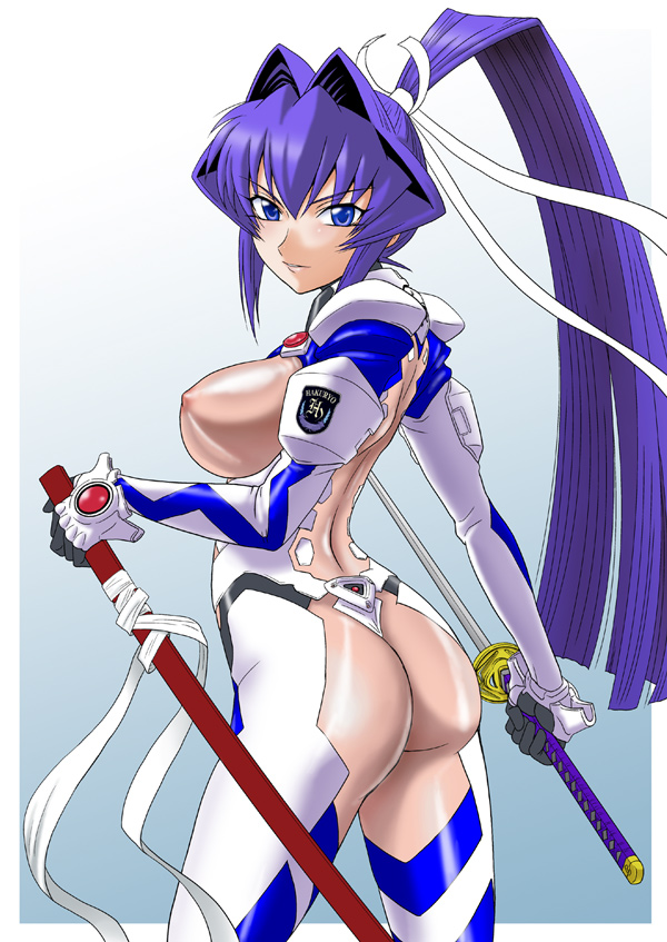 misnon the great, mitsurugi meiya, muv-luv, muv-luv alternative, muv-luv total eclipse, pilot suit, 1girl, blue hair, bodysuit, breasts, covered erect nipples, female focus, fortified suit, large breasts, long hair, mecha pilot suit, see-through bodysuit, see-through clothes, solo, sword, weapon