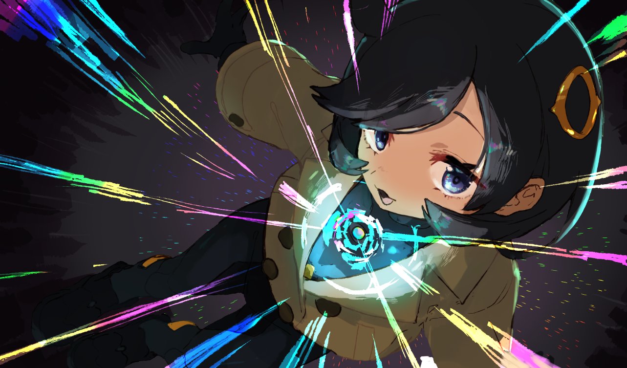 jamir, emma (pokemon), nintendo, pokemon, pokemon legends: z-a, commentary request, 1girl, :3, :d, black bodysuit, black hair, black shoes, blue eyes, bodysuit, bodysuit under clothes, brown jacket, buttons, cowlick, dark-skinned female, dark skin, from above, glowing, hair ornament, jacket, looking at viewer, mega stone, open mouth, parted bangs, shoes, short hair, smile, solo