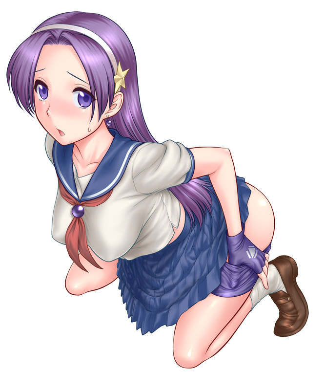 st.germain-sal, asamiya athena, king of fighters xiii, snk, the king of fighters, the king of fighters xiii, 1girl, bike shorts, blush, female focus, gloves, hair ornament, long hair, panties, panty pull, purple eyes, purple hair, school uniform, solo, star (symbol), star hair ornament, sweatdrop, underwear, undressing