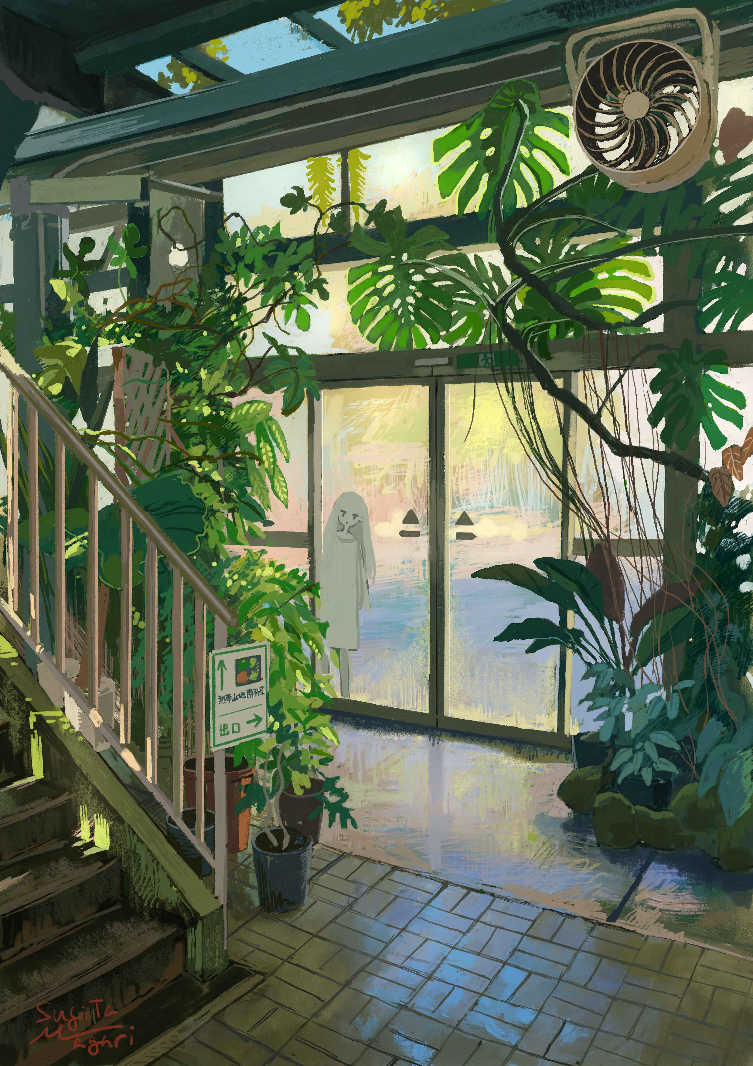 sugita magari, original, absurdres, commentary request, highres, 1girl, day, exit sign, flower, from inside, glass door, greenhouse, jitome, leaning to the side, long hair, looking at viewer, plant, potted plant, scenery, sign, solo, stairs, standing, ventilation fan, wide shot