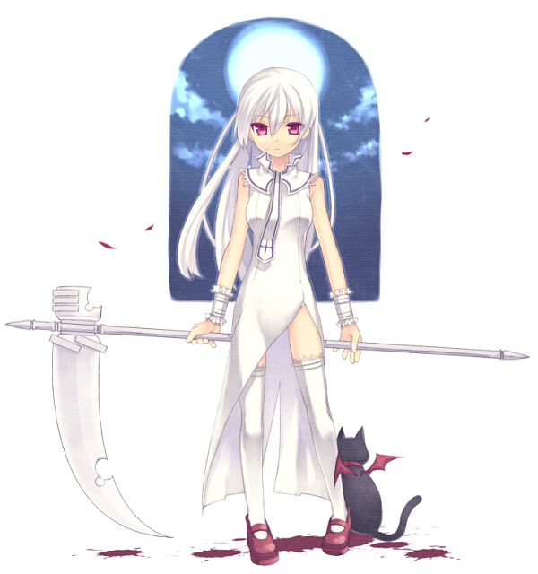 al, mugura, daniel, daniel (shinigami no ballad), momo (shinigami no ballad), shinigami no ballad, bad id, bad pixiv id, 00s, 1girl, bare shoulders, black cat, blood, cat, dress, long hair, mary janes, moon, necktie, red eyes, scythe, shoes, standing, thighhighs, white dress, white hair, white thighhighs, wings, wristband