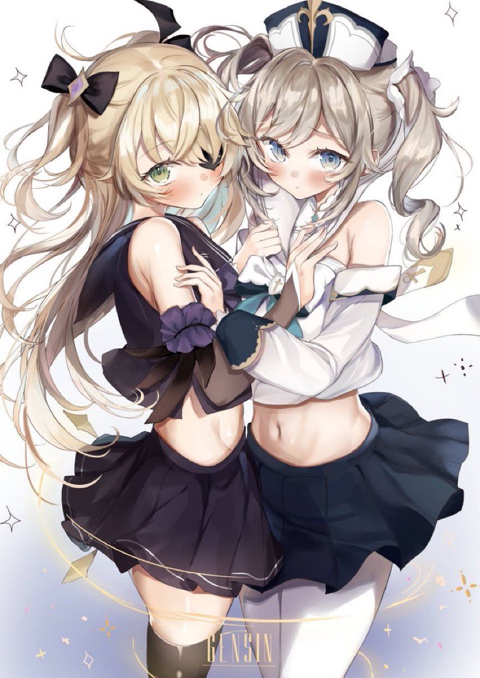 mochi nabe, barbara (genshin impact), fischl (genshin impact), genshin impact, commentary request, highres, 2girls, alternate costume, black bow, black thighhighs, blonde hair, bow, detached sleeves, eyepatch, floating hair, green eyes, hair bow, long hair, long sleeves, looking at viewer, medium hair, multiple girls, navel, pantyhose, shirt, skirt, standing, stomach, thighhighs, twintails, two side up, white pantyhose
