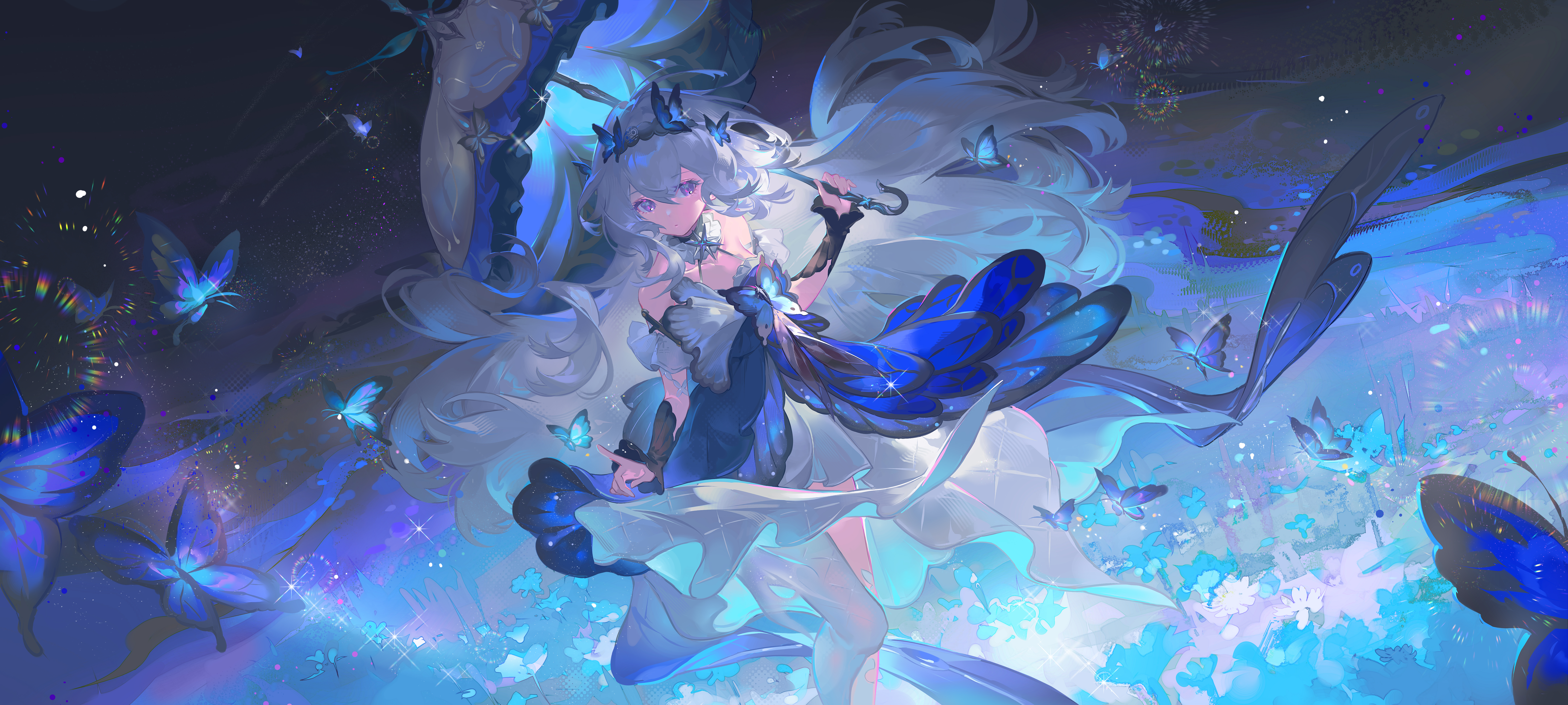 yunouou10, hella (aether gazer), aether gazer, absurdres, commentary request, highres, 1girl, blue butterfly, blue flower, bug, butterfly, butterfly hair ornament, choker, closed mouth, collarbone, dress, field, floating hair, flower, flower field, hair between eyes, hair ornament, holding, holding umbrella, insect, lens flare, long hair, looking at viewer, night, night sky, outdoors, purple eyes, short sleeves, sidelocks, single leg pantyhose, sky, solo, strapless, strapless dress, umbrella, white hair