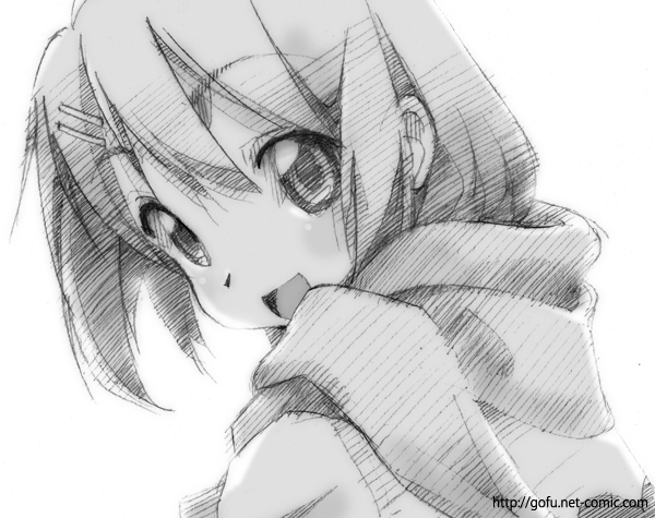 gofu, hirasawa yui, k-on!, traditional media, 00s, 1girl, female focus, greyscale, hair ornament, hairclip, monochrome, scarf, short hair, sketch, smile, solo, tomboy
