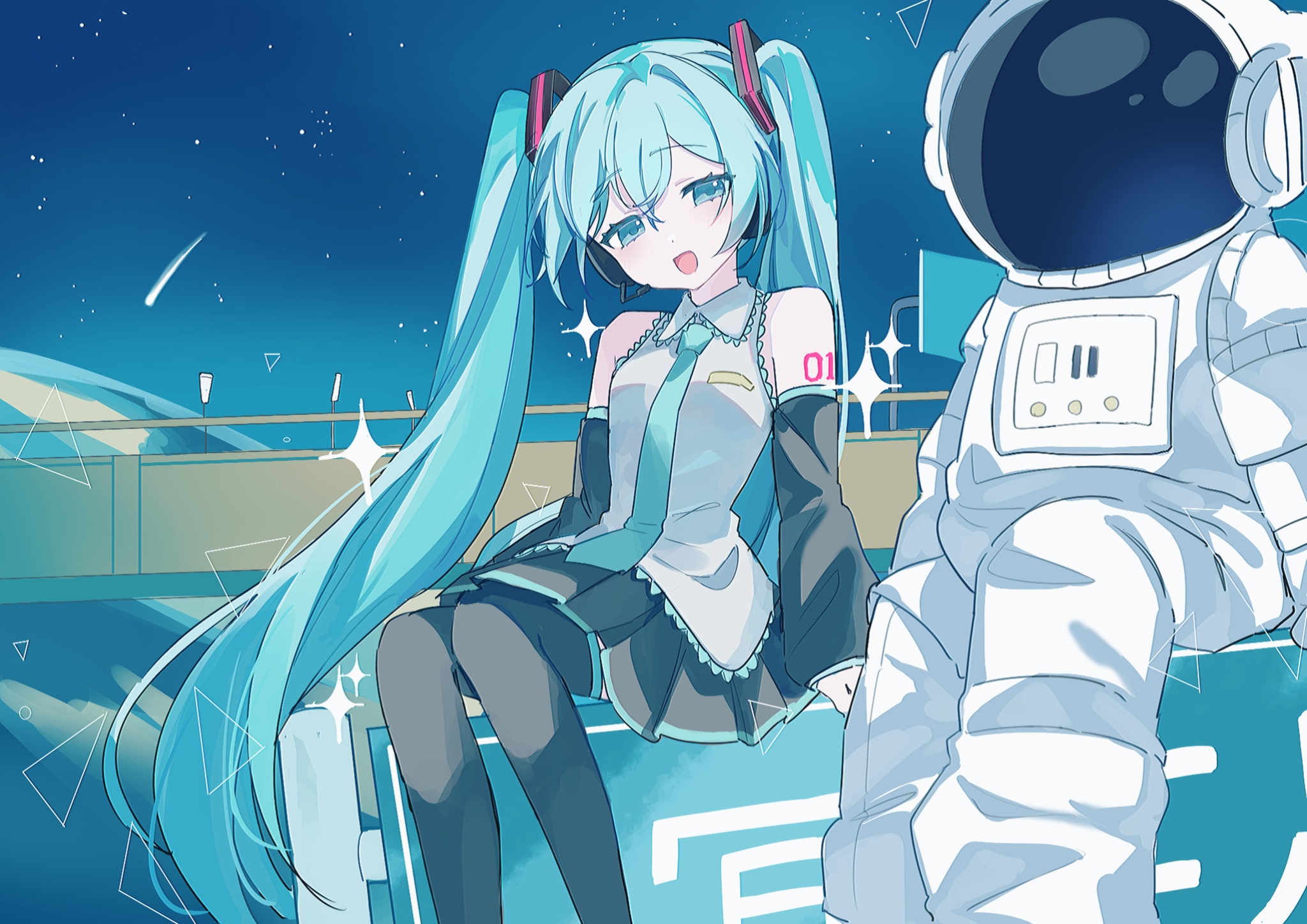 yukia 1128, hatsune miku, vocaloid, commentary, highres, 1girl, 1other, aqua eyes, aqua hair, aqua necktie, aqua trim, arm tattoo, astronaut, black skirt, blush, detached sleeves, hair between eyes, hair ornament, helmet, long hair, long sleeves, looking at viewer, miniskirt, necktie, number tattoo, open mouth, pleated skirt, sitting, skirt, smile, space helmet, spacesuit, tattoo, twintails, very long hair, wide sleeves