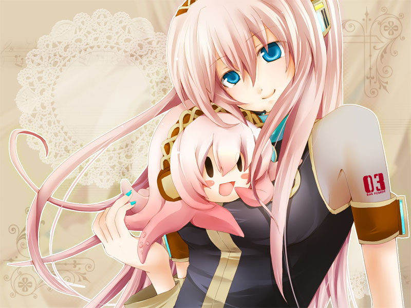 akatsuki yakyou, megurine luka, takoluka, vocaloid, 1girl, aqua nails, blue eyes, female focus, headphones, headset, long hair, nail polish, pink hair, smile, solo, tentacles