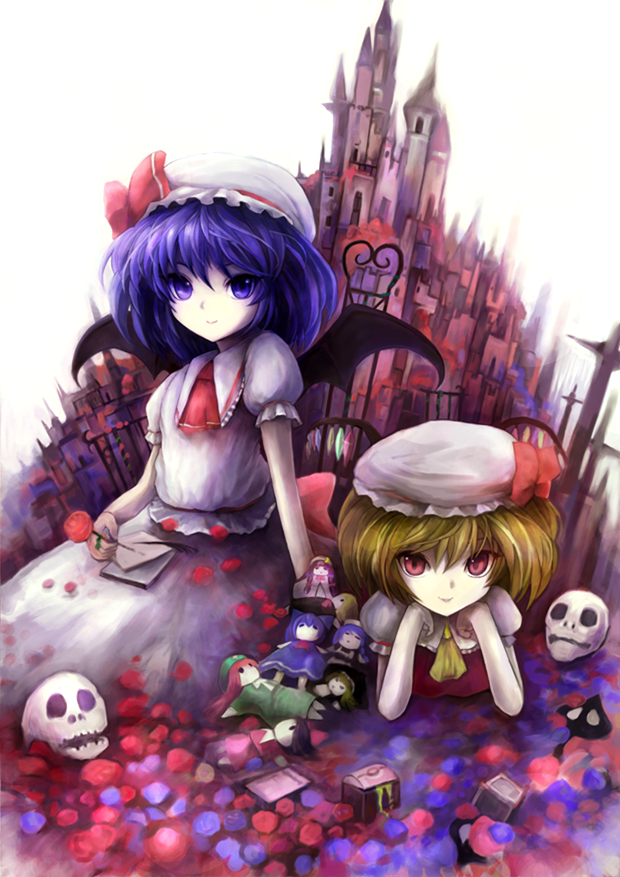 shoukou, cirno, flandre scarlet, hakurei reimu, hong meiling, izayoi sakuya, kirisame marisa, patchouli knowledge, remilia scarlet, rumia, embodiment of scarlet devil, touhou, 2girls, bat wings, blonde hair, blue eyes, blue hair, character doll, doll, dress, flower, hat, multiple girls, red eyes, rose, short hair, siblings, sisters, skull, smile, tower, wings