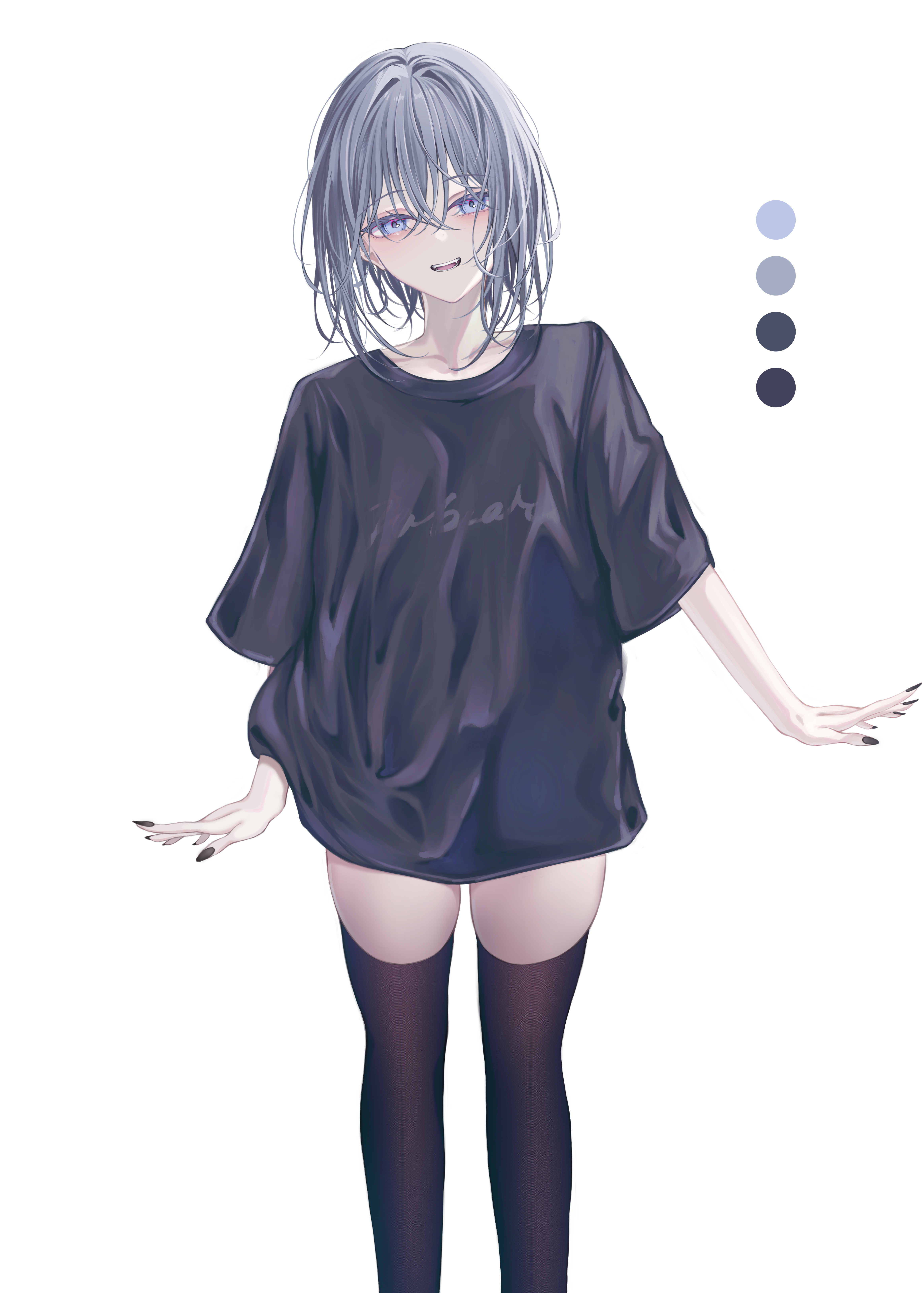 haru (haru83380282), original, absurdres, commentary request, highres, 1girl, arms at sides, black nails, black shirt, black thighhighs, color guide, feet out of frame, fingernails, grey eyes, grey hair, hair between eyes, long bangs, long shirt, looking at viewer, messy hair, nail polish, parted lips, shirt, short hair, simple background, smile, solo, standing, t-shirt, thighhighs, three-quarter sleeves, white background