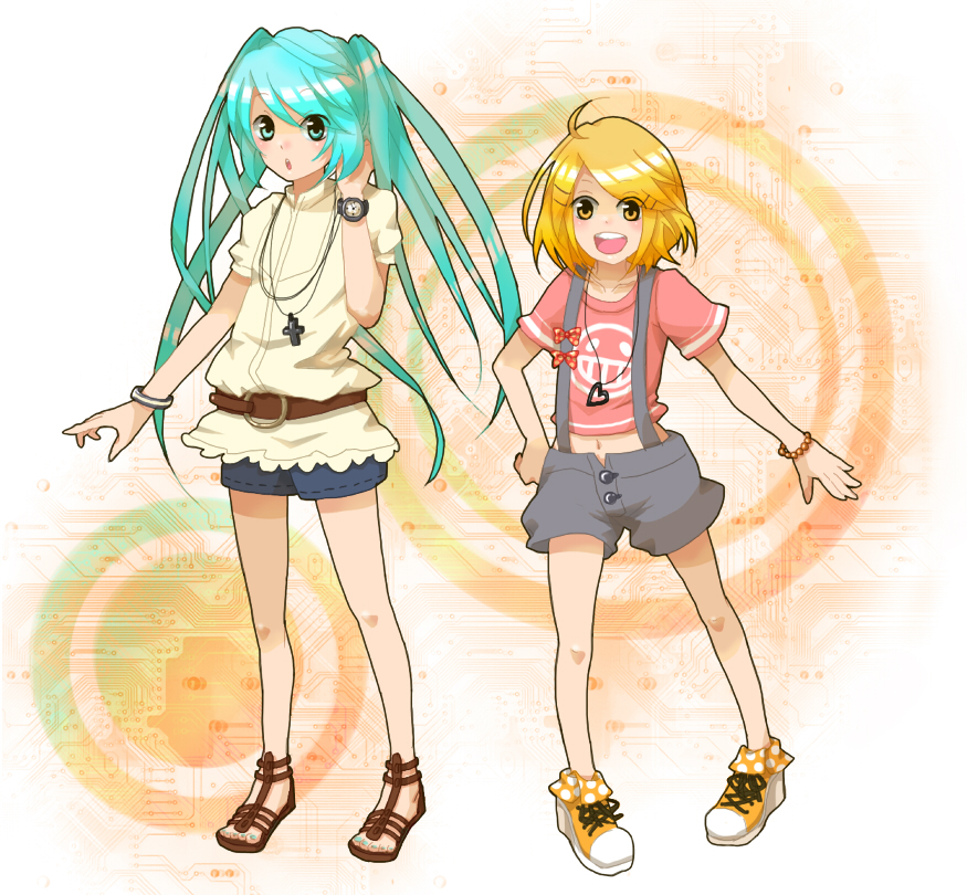 rikuo (artist), rikuo (ikuran), hatsune miku, kagamine rin, vocaloid, bad id, bad pixiv id, 2girls, ahoge, alternate costume, aqua eyes, aqua hair, belt, blonde hair, blouse, casual, contemporary, cross, fashion, hair ornament, hairclip, long hair, midriff, multiple girls, overalls, shirt, shoes, short hair, shorts, t-shirt, watch, wristwatch, yellow eyes