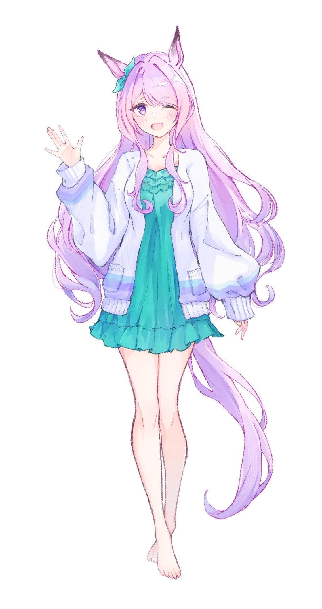 joker oowo, moko (mokochisa), mejiro mcqueen (umamusume), umamusume, artist collaboration, commentary request, highres, 1girl, ;d, alternate costume, animal ears, aqua bow, aqua dress, barefoot, blush, bow, casual, collarbone, dress, ear bow, full body, horse ears, horse girl, horse tail, jacket, long hair, long sleeves, looking at viewer, one eye closed, open clothes, open jacket, open mouth, pocket, puffy long sleeves, puffy sleeves, purple eyes, purple hair, sidelocks, simple background, smile, solo, standing, tail, very long hair, waving, white background, white jacket