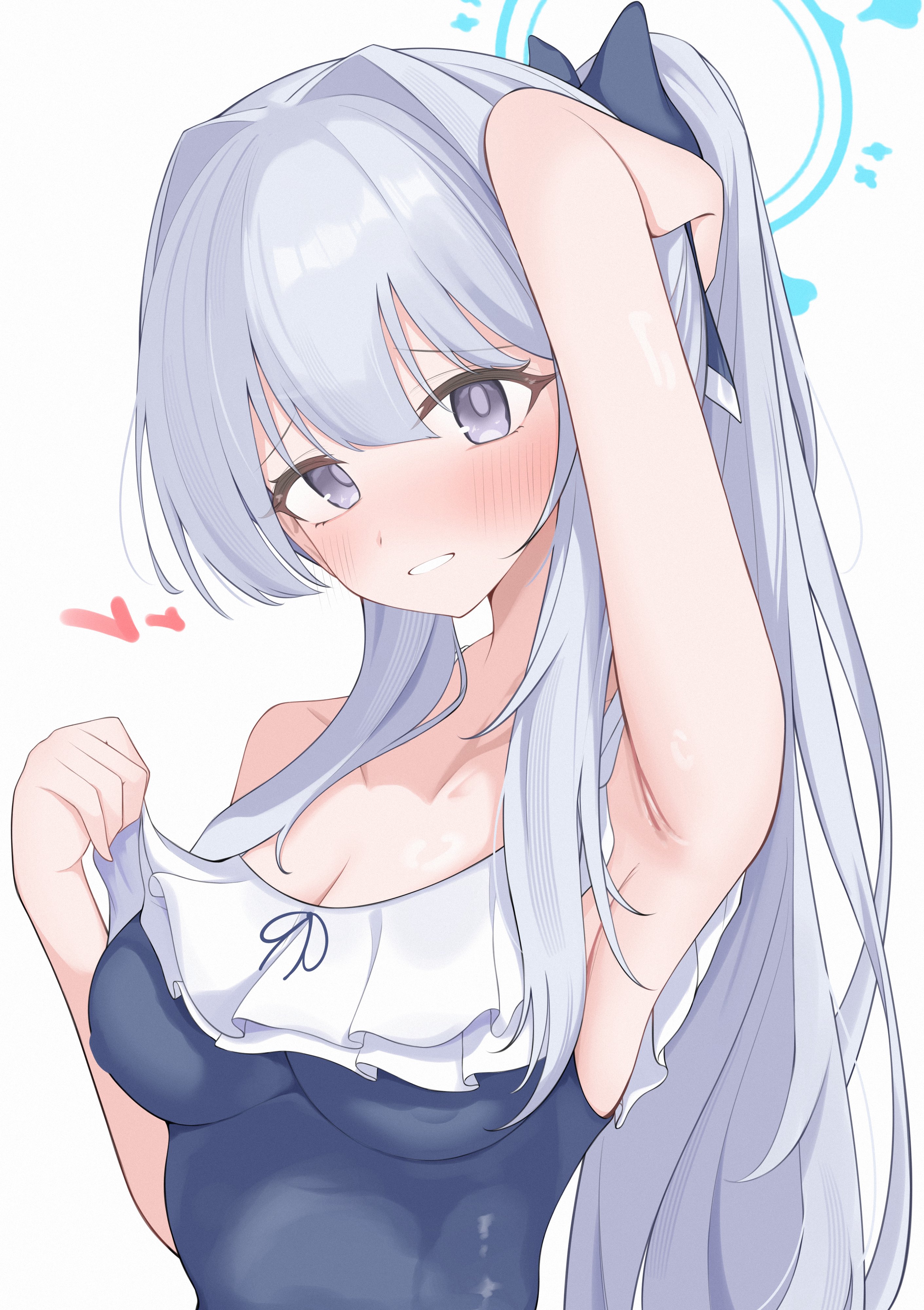 miyako (blue archive), miyako (swimsuit) (blue archive), blue archive, absurdres, commentary request, highres, 1girl, arm up, armpits, blue halo, blue one-piece swimsuit, blush, breasts, casual one-piece swimsuit, cleavage, collarbone, frilled one-piece swimsuit, frills, grey hair, halo, heart, long hair, looking at viewer, medium breasts, off-shoulder one-piece swimsuit, off shoulder, official alternate costume, official alternate hairstyle, omgrhr, one-piece swimsuit, ponytail, presenting armpit, purple eyes, simple background, smile, solo, swimsuit, upper body, white background