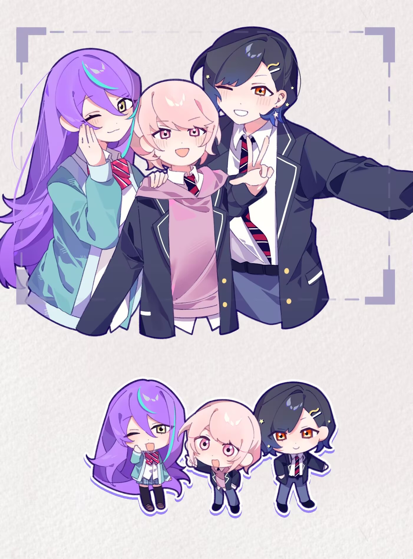 laylayhappy, akiyama mizuki, kamishiro rui, shiraishi an, project sekai, chinese commentary, commentary request, highres, 1girl, 2boys, ;3, alternate hair length, alternate hairstyle, aqua cardigan, aqua streaks, arm up, belt, blazer, blue pants, blue skirt, blush, bow, bowtie, buttons, cardigan, chibi, collared shirt, diagonal-striped bow, diagonal-striped bowtie, diagonal-striped clothes, diagonal-striped necktie, genderswap, genderswap (ftm), genderswap (mtf), genderswap (otm), gradient hair, hair ornament, hand on another's shoulder, hand on own cheek, hand on own face, jacket, kamiyama high school uniform (project sekai), long hair, multicolored hair, multiple boys, necktie, official alternate hair length, official alternate hairstyle, one eye closed, open mouth, orange eyes, pants, pink eyes, pink hair, pink sweater, plaid clothes, plaid skirt, purple hair, school uniform, shirt, shoes, short hair, skirt, star (symbol), star hair ornament, striped bow, striped bowtie, striped clothes, sweater, teeth, w, white shirt, yellow eyes