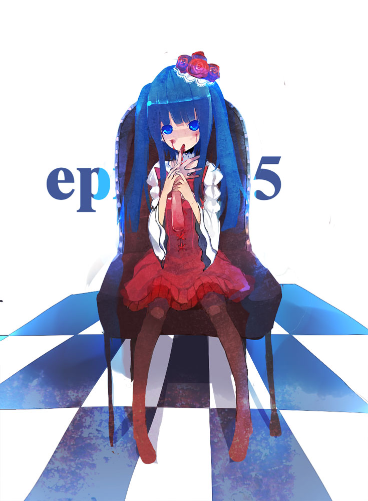 colxy, furudo erika, end of the golden witch, umineko no naku koro ni, bad id, bad pixiv id, 00s, blood, blue eyes, blue hair, choker, dress, pantyhose, severed hand, twintails