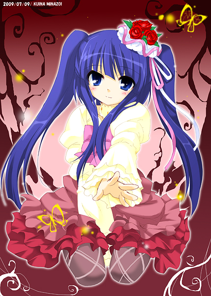 minazoi kuina, furudo erika, umineko no naku koro ni, bad id, bad pixiv id, 00s, 1girl, blue eyes, blue hair, bow, female focus, matching hair/eyes, pantyhose, pink bow, solo, twintails