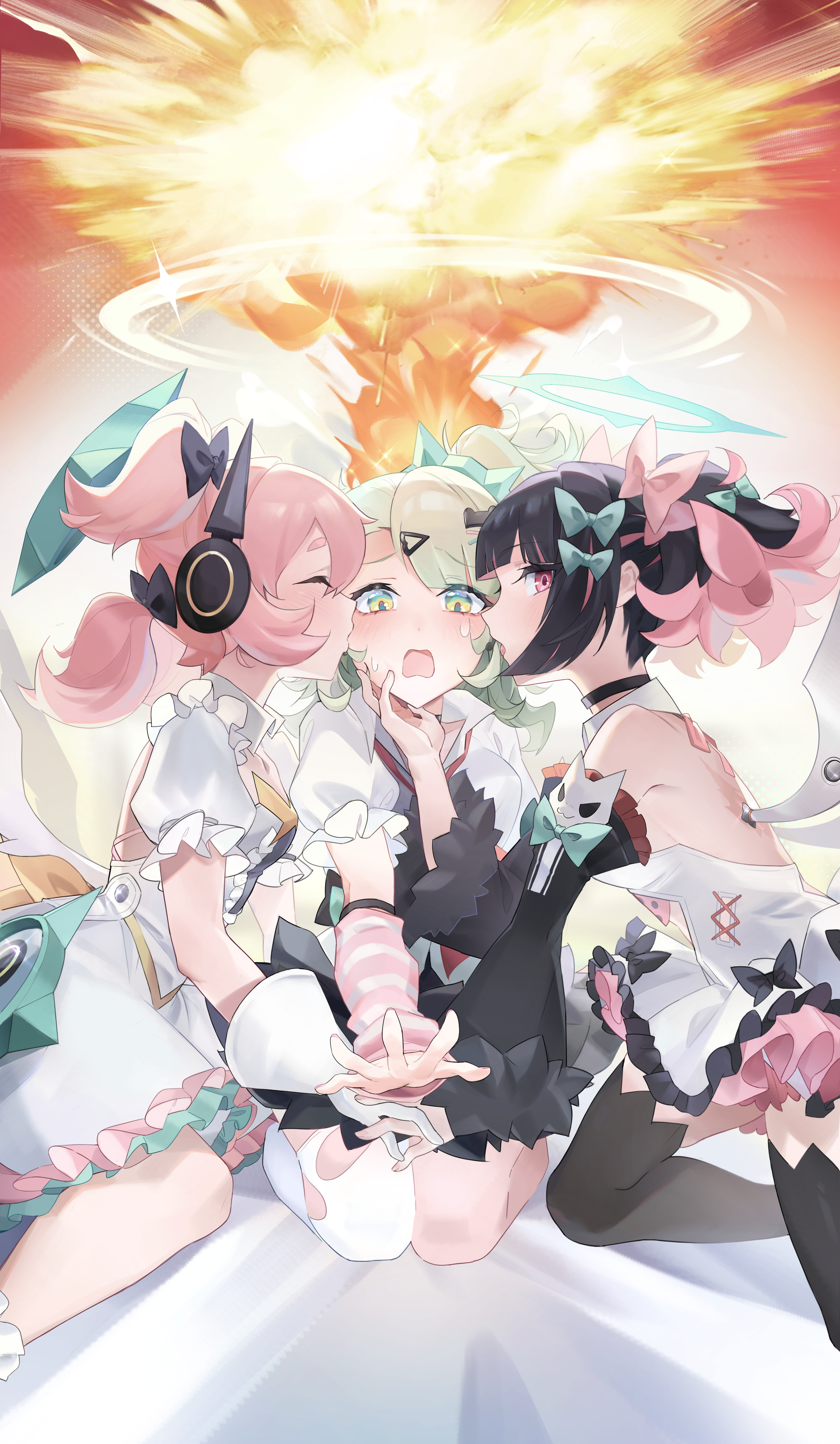 qingkefu yixia, chinatsu remiel, rokudu sariel, yutane johiel, zenless zone zero, absurdres, commentary request, highres, 3girls, bare shoulders, black bow, black choker, black hair, black skirt, black thighhighs, blush, bow, choker, closed eyes, colored inner hair, detached sleeves, dress, earrings, explosion, from side, fur-trimmed skirt, fur trim, gloves, green bow, green eyes, green hair, green halo, hair bow, hair ornament, halo, hand on another's chin, heart, heart hair ornament, interlocked fingers, jewelry, kiss, kissing cheek, looking at viewer, multicolored hair, multiple girls, multiple hair clips, musical note earrings, necktie, open mouth, pink arm warmers, pink bow, pink eyes, pink hair, ponytail, red necktie, ring hair ornament, scar, scar on back, shirt, short twintails, single thighhigh, sitting, skirt, striped arm warmers, sweat, tears, thighhighs, too many bows, twintails, white dress, white gloves, white shirt, white thighhighs, white wings, wings