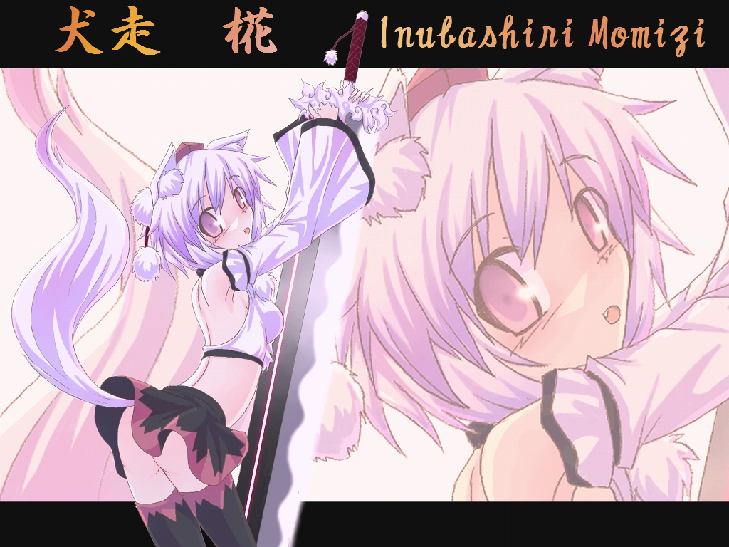 kuromiya, inubashiri momiji, touhou, silver hair, 1girl, animal ears, ass, breasts, character name, detached sleeves, female focus, hat, huge weapon, midriff, purple eyes, short hair, solo, sword, tail, thighhighs, tokin hat, weapon, wolf ears, wolf tail, zoom layer