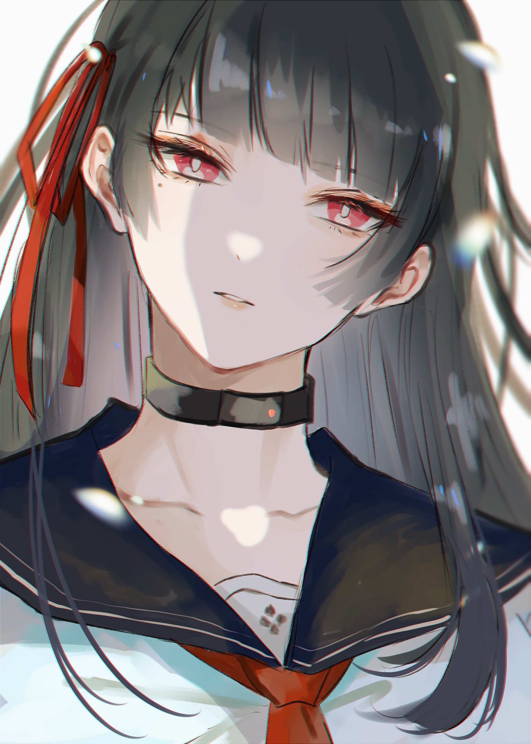 wu yuuri, chisa (wuthering waves), wuthering waves, absurdres, commentary request, highres, 1girl, black choker, black hair, black sailor collar, blunt bangs, choker, chromatic aberration, collarbone, hair ribbon, long hair, looking at viewer, mole, mole under eye, parted lips, portrait, red eyes, red ribbon, ribbon, sailor collar, shirt, simple background, solo, white background, white shirt