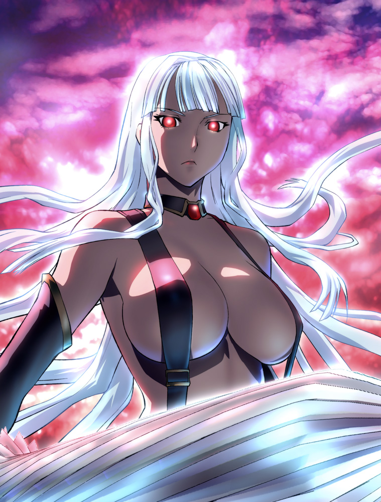 ueyama michirou, selvaria bles, senjou no valkyria, senjou no valkyria (series), senjou no valkyria 1, 00s, 1girl, breasts, cloud, detached collar, elbow gloves, female focus, gloves, glowing, glowing eyes, huge breasts, large breasts, long hair, naked suspenders, red eyes, revealing clothes, serious, solo, strap gap, suspenders, topless female, white hair