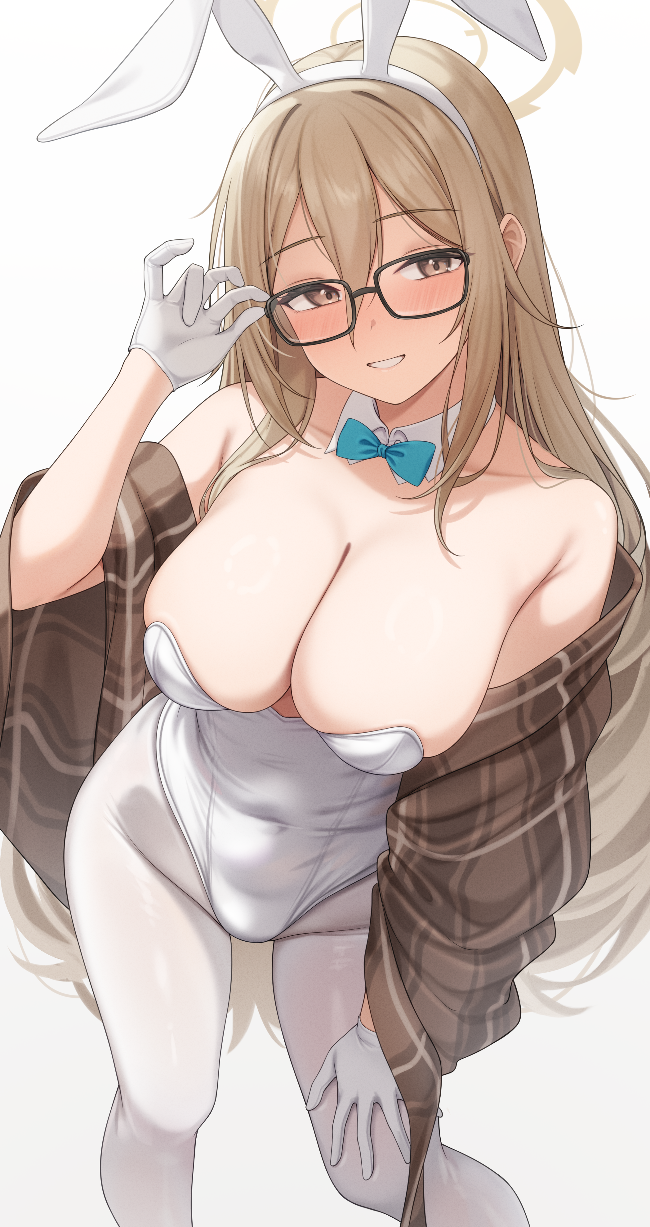 akane (blue archive), akane (bunny) (blue archive), blue archive, absurdres, commentary, highres, 1girl, adjusting eyewear, animal ear fluff, animal ears, aqua bow, aqua bowtie, bare shoulders, black-framed eyewear, blush, bow, bowtie, breasts, brown eyes, brown hair, brown shawl, cleavage, collarbone, covered groin, covered navel, detached collar, fake animal ears, glasses, gloves, hair between eyes, hand on own thigh, hand up, hayasi iru, highleg, highleg leotard, large breasts, leotard, long hair, looking at viewer, official alternate costume, pantyhose, parted lips, playboy bunny, rabbit ears, shawl, sidelocks, simple background, smile, solo, standing, strapless, strapless leotard, thighs, very long hair, white background, white gloves, white leotard, white pantyhose