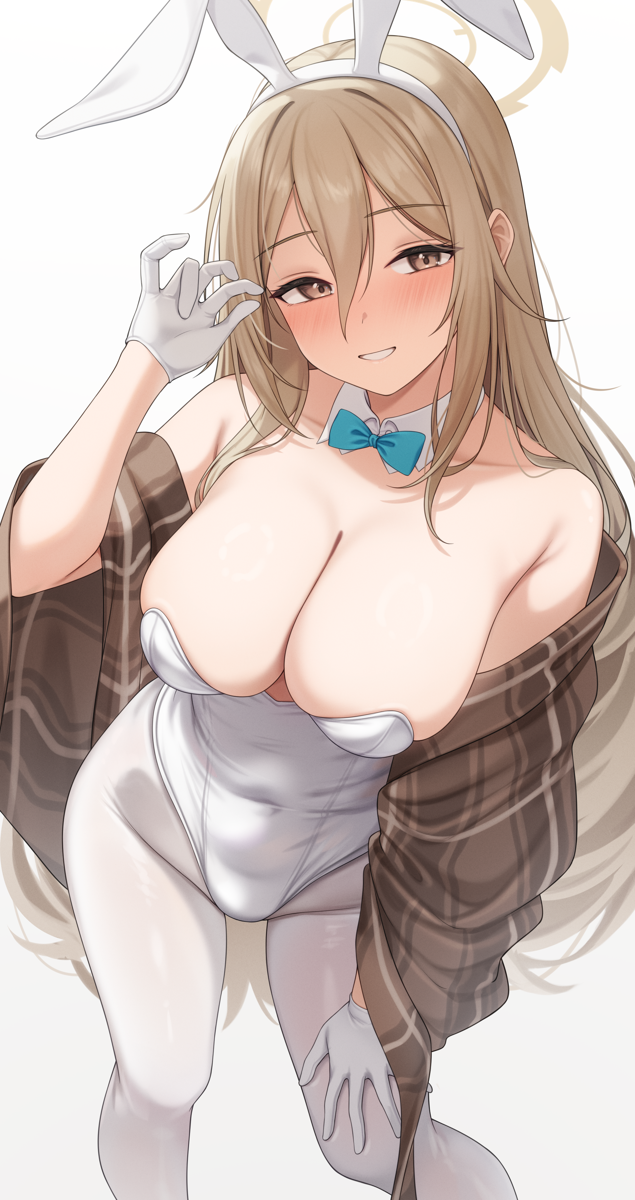 akane (blue archive), akane (bunny) (blue archive), blue archive, absurdres, commentary, highres, 1girl, animal ear fluff, animal ears, aqua bow, aqua bowtie, bare shoulders, blush, bow, bowtie, breasts, brown eyes, brown hair, brown shawl, cleavage, collarbone, covered groin, covered navel, detached collar, fake animal ears, gloves, hair between eyes, hand on own thigh, hand up, hayasi iru, highleg, highleg leotard, large breasts, leotard, long hair, looking at viewer, no eyewear, official alternate costume, pantyhose, parted lips, playboy bunny, rabbit ears, shawl, sidelocks, simple background, smile, solo, standing, strapless, strapless leotard, thighs, very long hair, white background, white gloves, white leotard, white pantyhose