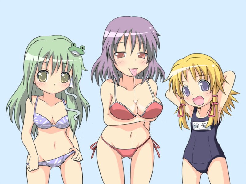 lee (monsterheart), kochiya sanae, moriya suwako, yasaka kanako, touhou, 3girls, bikini, blonde hair, blue eyes, breasts, female focus, green hair, long hair, multiple girls, one-piece swimsuit, open mouth, purple hair, red eyes, saliva, school swimsuit, sexually suggestive, short hair, simple background, swimsuit, tongue, yellow eyes
