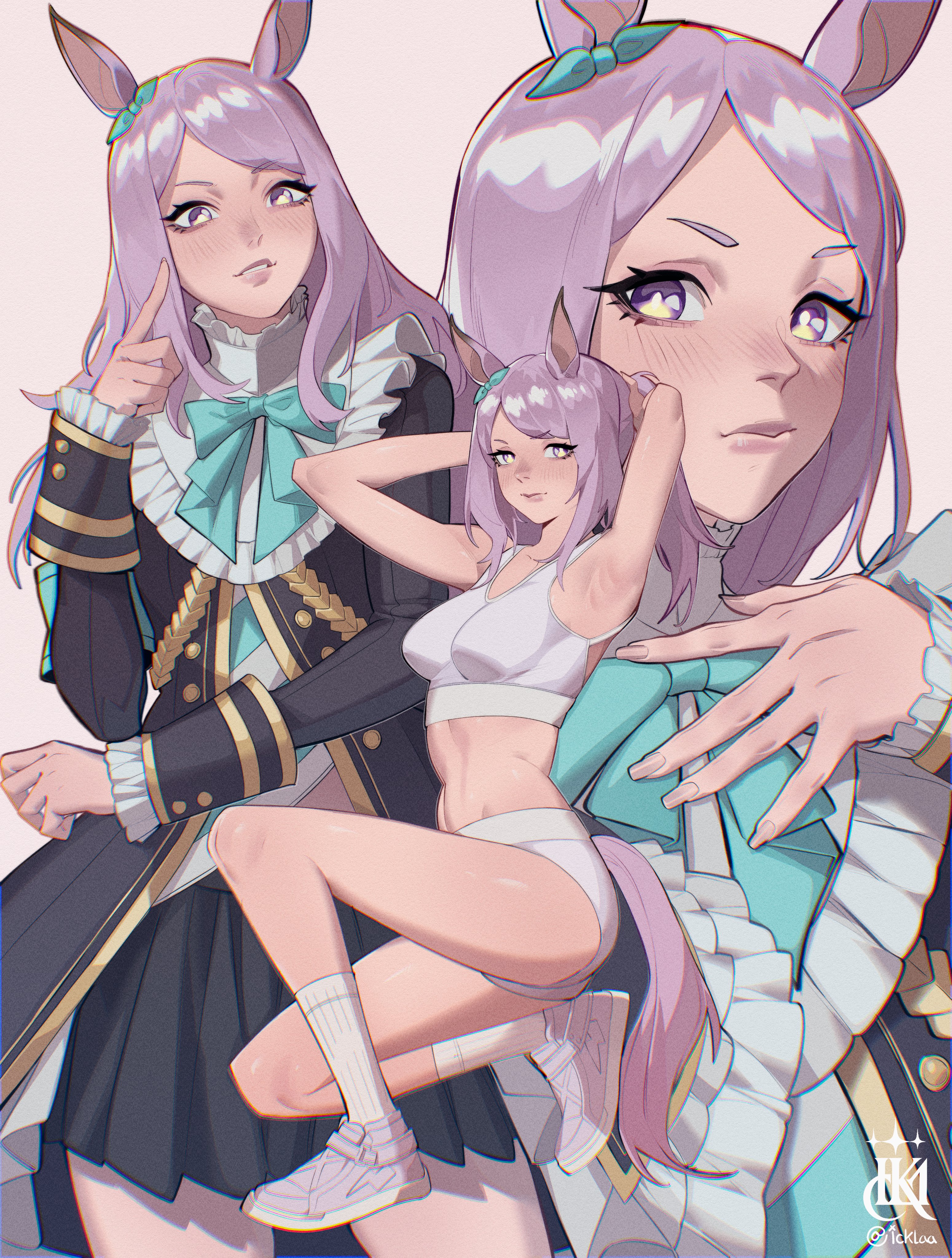 icklaa, mejiro mcqueen (umamusume), umamusume, absurdres, commentary, highres, 1girl, animal ears, aqua bow, arms behind head, black skirt, bow, breasts, buruma, ear bow, film grain, horse ears, horse girl, horse tail, index finger raised, long hair, looking to the side, medium breasts, midriff, multicolored eyes, multiple views, on one knee, parted lips, pink background, purple eyes, purple hair, shoes, skirt, socks, solo, sports bra, tail, tying hair, white shoes, white socks, white sports bra, yellow eyes