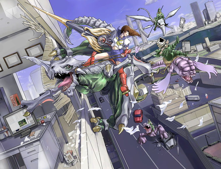 artist request, 1girl, aerial battle, armor, battle, brown hair, car, city, computer, dragon, greaves, lance, midriff, monitor, monster, motor vehicle, polearm, riding, school uniform, scythe, serafuku, throwing, weapon, window