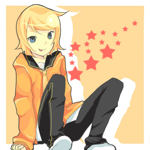 sora (sakuradate666), kagamine rin, vocaloid, bad id, bad pixiv id, gender request, lowres, androgynous, blonde hair, blue eyes, crossdressing, crossdressing (ftm), necktie, reverse trap, short hair, sitting, smile, solo, star (symbol), tongue