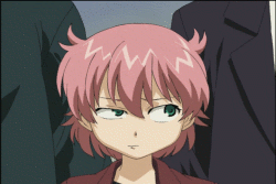 anita king, r.o.d the tv, read or die, looking away, animated, animated gif, lowres, 00s, 1girl, female focus, green eyes, pink hair, shifty eyes, solo, uneven eyes